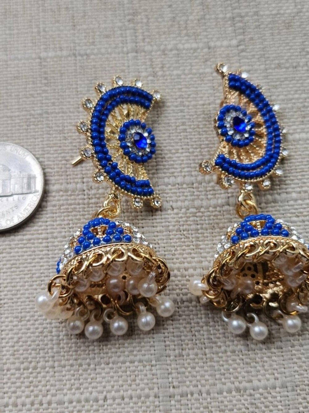 Jhumka Earrings Blue Tone Bead Gold Tone Chandelier High Quality Fashion Jewelry - Picture 12 of 12